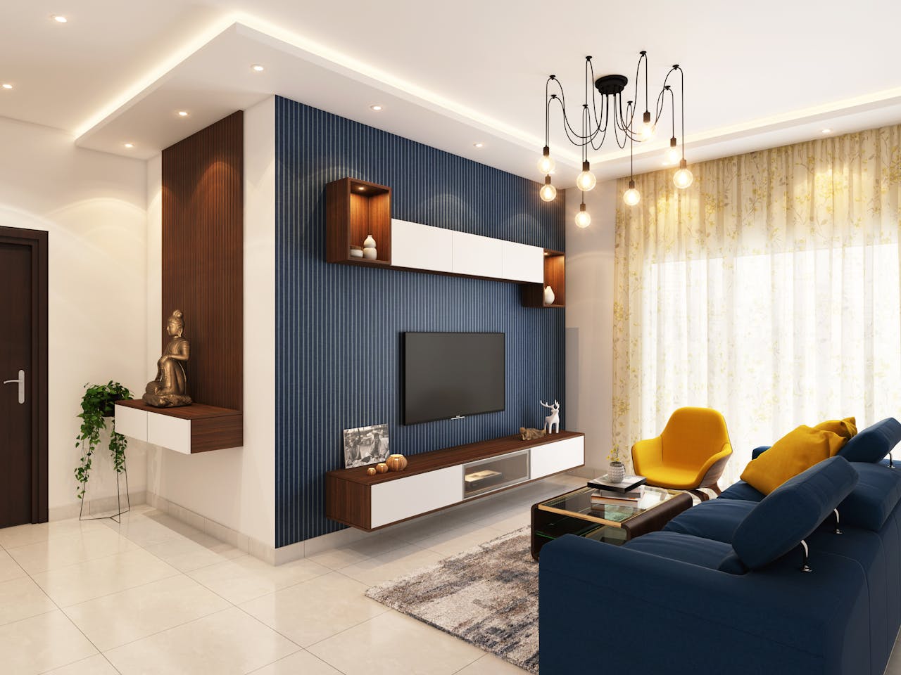 living room with blue feature wall, blue couch, light floor